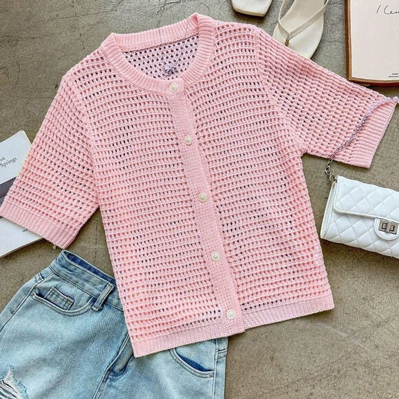 Pink Casual Women's Round Neck Short Sleeved Hollow Knitted Cardigan - Picture 5 of 9